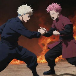 A dramatic fight scene between the characters Gojo and Sukuna from the anime Jujutsu Kaisen. Both are using their unique powers in a heated battle