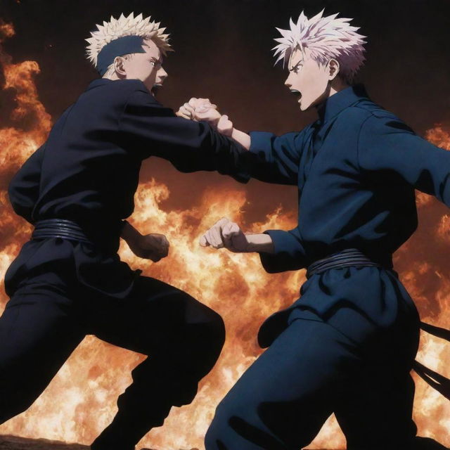 A dramatic fight scene between the characters Gojo and Sukuna from the anime Jujutsu Kaisen. Both are using their unique powers in a heated battle