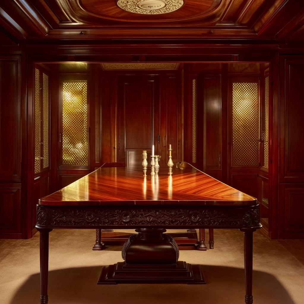 An elegant table crafted from polished mahogany, with intricate detailing, centrally located in a well-appointed room bathed in warm, ambient light.