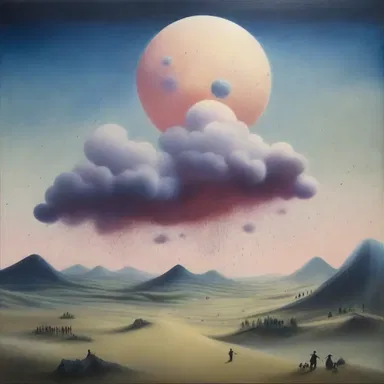 The artist's painting depicted a surreal landscape where corpuscular particles floated through the air, creating a dreamlike atmosphere.