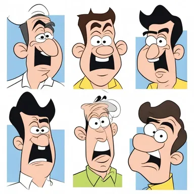 The animated characters in the cartoons demonstratively exaggerate their movements and facial expressions for comedic effect.
