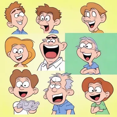 The animated characters in the cartoons demonstratively exaggerate their movements and facial expressions for comedic effect.
