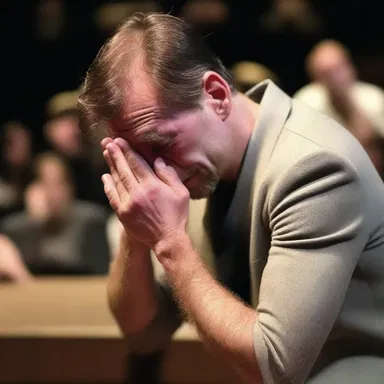 The actor in the emotional scene demonstratively displays grief and despair, bringing the audience to tears.