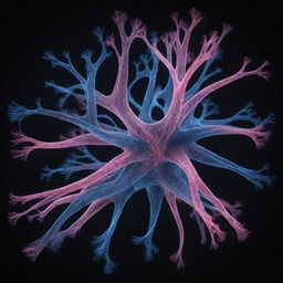 A 3D model of the human neural network, consisting of interconnected neurons forming complex patterns. The neural network should be in shades of luminescent blues and pinks, symbolizing the dynamic nature of the mind within a dark background.