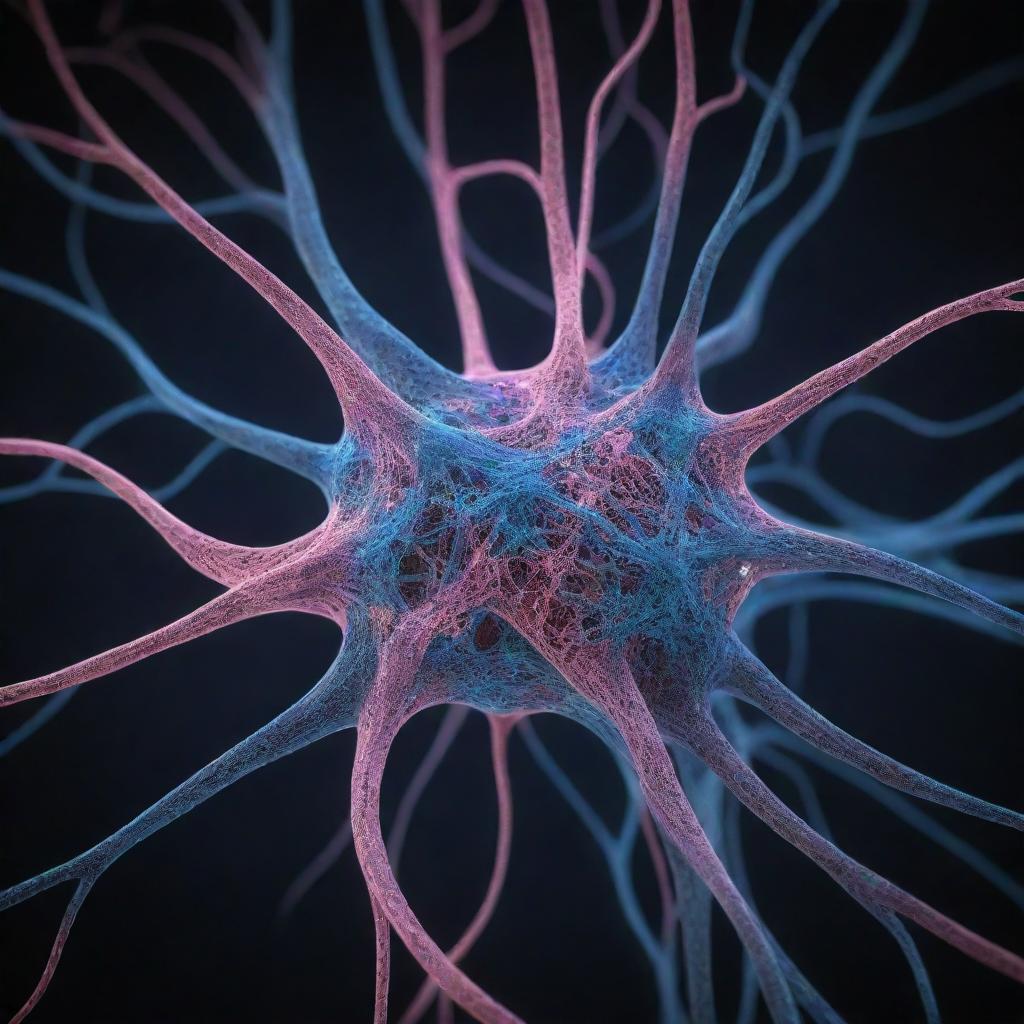 A 3D model of the human neural network, consisting of interconnected neurons forming complex patterns. The neural network should be in shades of luminescent blues and pinks, symbolizing the dynamic nature of the mind within a dark background.