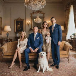 An affluent family posing for a portrait in a grand, exquisitely furnished living room of their mansion. Parents, children, and a pet dog are all wearing stylish, high-end clothing.