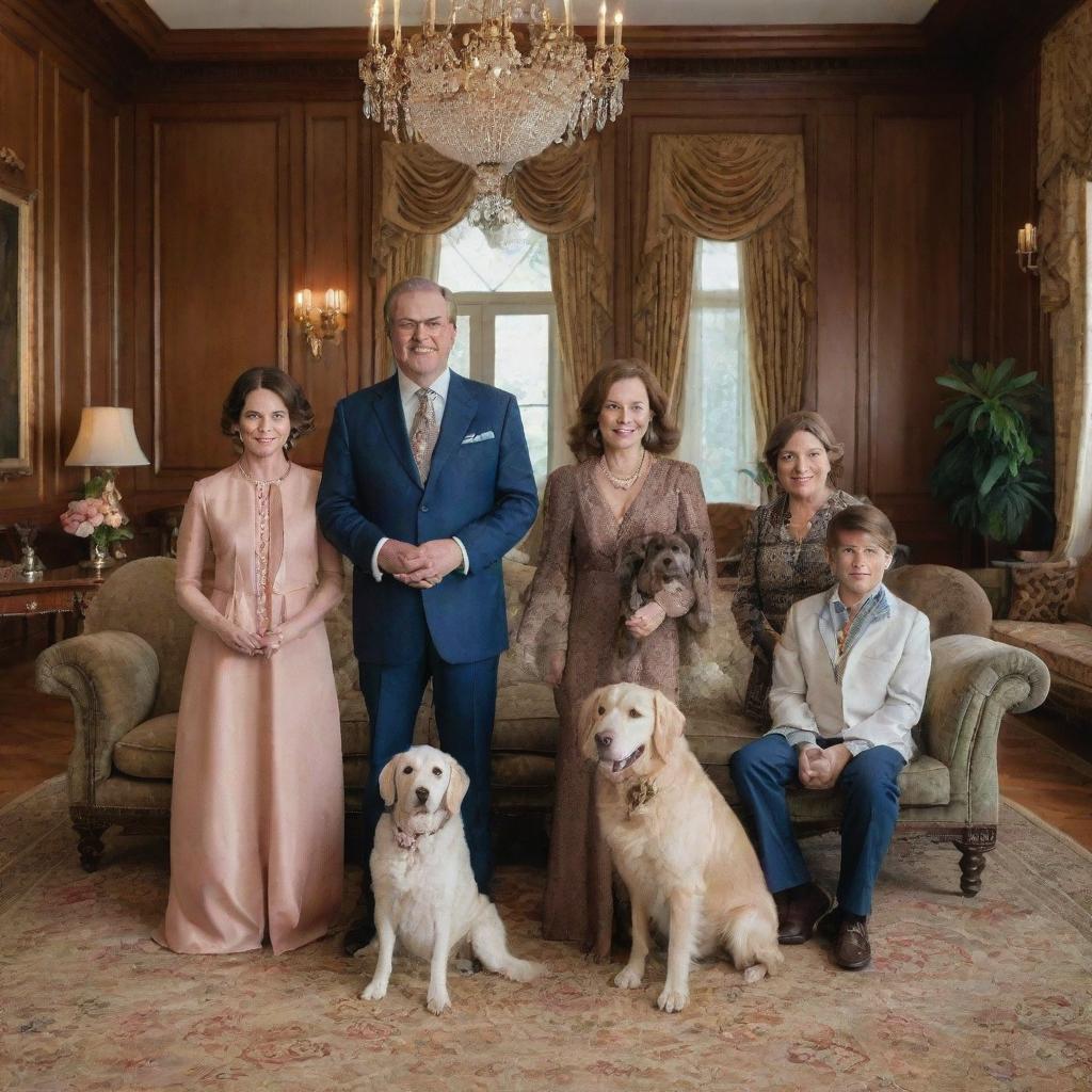 An affluent family posing for a portrait in a grand, exquisitely furnished living room of their mansion. Parents, children, and a pet dog are all wearing stylish, high-end clothing.