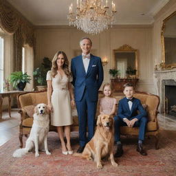 An affluent family posing for a portrait in a grand, exquisitely furnished living room of their mansion. Parents, children, and a pet dog are all wearing stylish, high-end clothing.