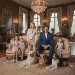 An affluent family posing for a portrait in a grand, exquisitely furnished living room of their mansion. Parents, children, and a pet dog are all wearing stylish, high-end clothing.