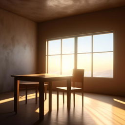 An ultra-realistic 8k image showcasing a simple table and chair placed in a room, illuminated by the light from a large, bright window.