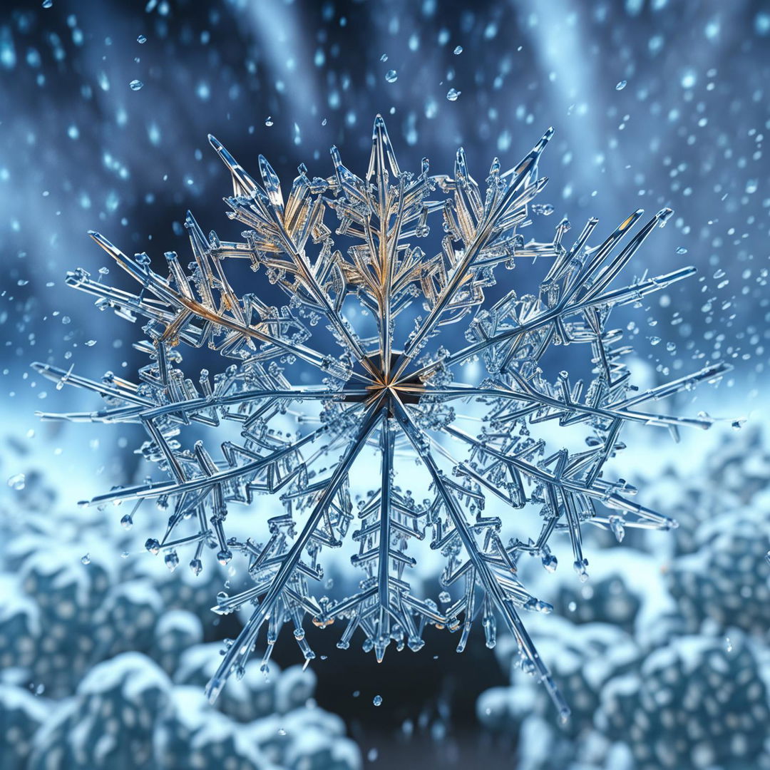 Awe-inspiring CGI photography capturing an ultra close-up of a dynamically forming snowflake with iridescent colors on a snowy day with beams of sunlight breaking through clouds.