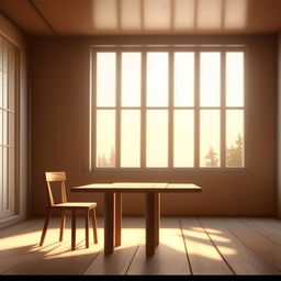 An ultra-realistic 8k image showcasing a simple table and chair placed in a room, illuminated by the light from a large, bright window.