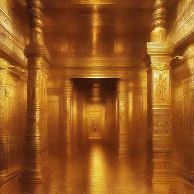 The sacred temple is adorned with sculpted walls plated in auriferous gold, symbolizing the divine power and richness.