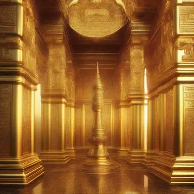 The sacred temple is adorned with sculpted walls plated in auriferous gold, symbolizing the divine power and richness.