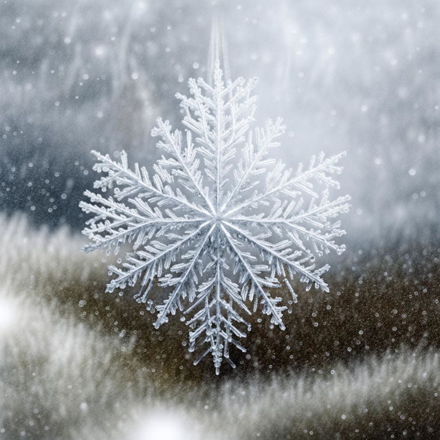 Ultra-close-up CGI photograph of an intricate, symmetrical snowflake against a swirling snowstorm and misty hillside backdrop.