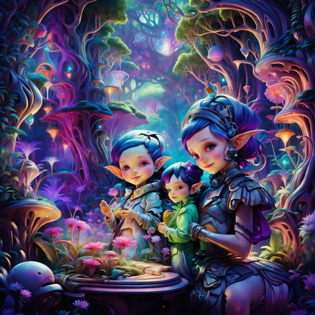 Hyper-realistic 3D image of a happy elf family in Rococo-cyberpunk attire in a mystical forest with light filtering through cybernetic trees and glowing flowers.