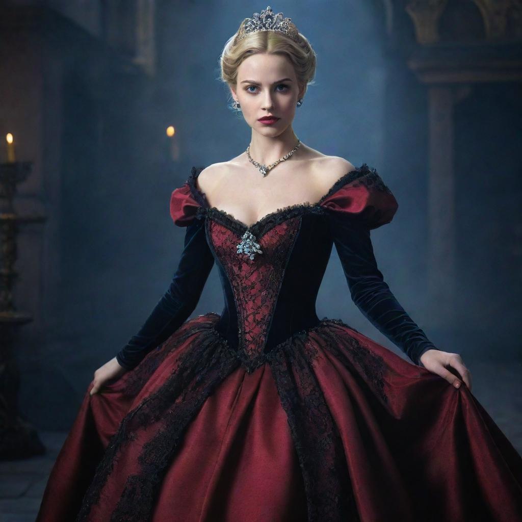 Cinderella in a vampire-themed dress exuding magical powers