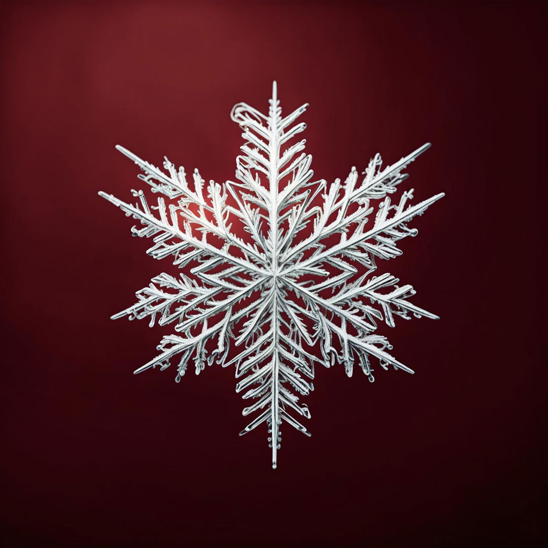 Ultra-close-up CGI photograph of an intricate, symmetrical snowflake against a minimal red backdrop.