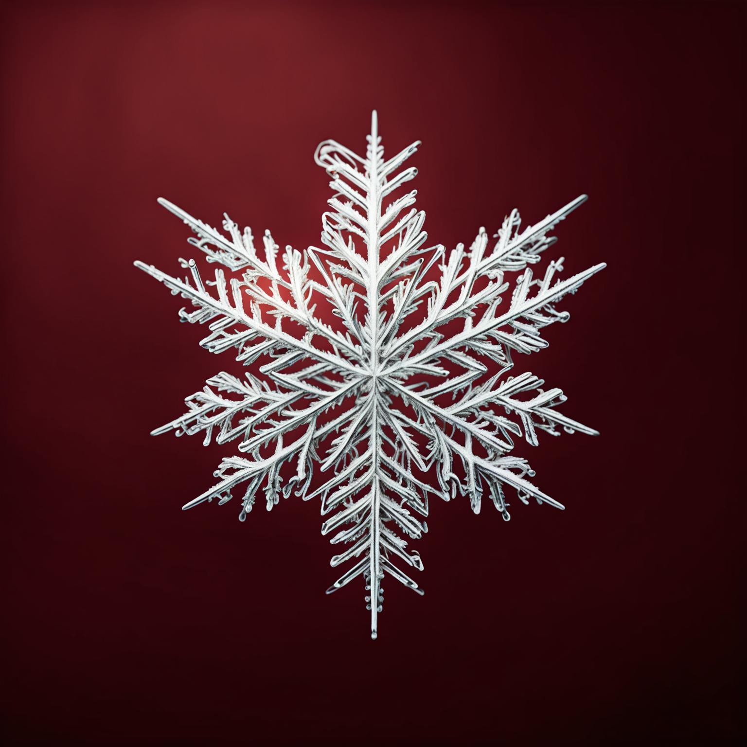 Ultra-close-up CGI photograph of an intricate, symmetrical snowflake against a minimal red backdrop.