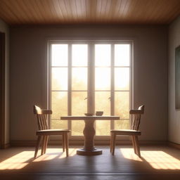 An ultra-realistic 8k image showcasing a simple table and chair placed in a room, illuminated by the light from a large, bright window.