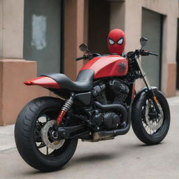 A Harley Davidson motorcycle with a Spider-Man themed money heist mask situated prominently on the seat.