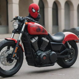 A Harley Davidson motorcycle with a Spider-Man themed money heist mask situated prominently on the seat.