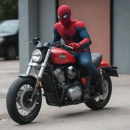 A Harley Davidson motorcycle with a Spider-Man themed money heist mask situated prominently on the seat.