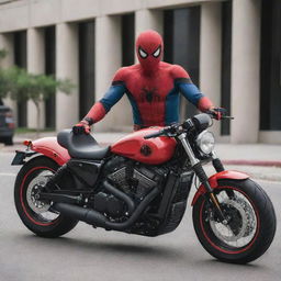 A Harley Davidson motorcycle with a Spider-Man themed money heist mask situated prominently on the seat.