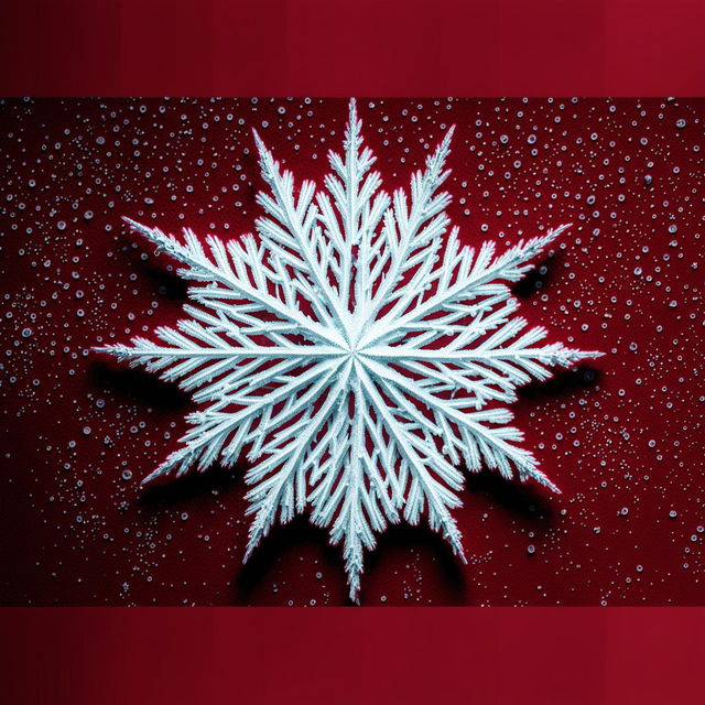 Ultra-close up CGI photograph of a detailed snowflake against a blood-red backdrop.