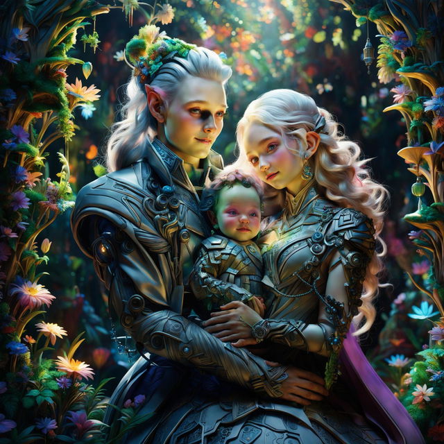 A 3D hyper-realistic image of a happy elf family in Rococo-cyberpunk attire in a vibrant mystical forest with light filtering through metallic trees and bioluminescent flowers.