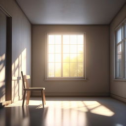 An ultra-realistic 8k image showcasing a simple table and chair placed in a room, illuminated by the light from a large, bright window.