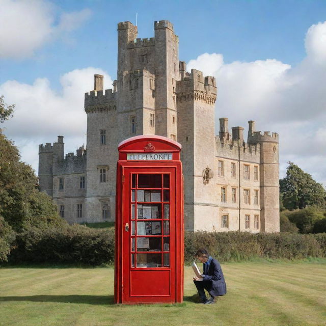 Generate a profile picture featuring an open book with an old English castle in the background, surrounded by iconic English symbols like a red phone box and a double-decker bus.