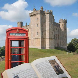 Generate a profile picture featuring an open book with an old English castle in the background, surrounded by iconic English symbols like a red phone box and a double-decker bus.