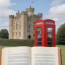 Generate a profile picture featuring an open book with an old English castle in the background, surrounded by iconic English symbols like a red phone box and a double-decker bus.