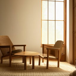 A serene scene featuring a wooden coffee table and matching chair, positioned near a window with warm, natural light streaming in.