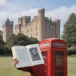 Generate a profile picture featuring an open book with an old English castle in the background, surrounded by iconic English symbols like a red phone box and a double-decker bus.