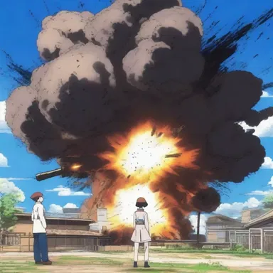 The characters in the anime were startled by the loud explosion caused by an artillery shell.