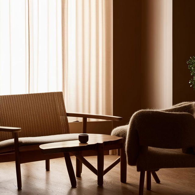 A serene scene featuring a wooden coffee table and matching chair, positioned near a window with warm, natural light streaming in.