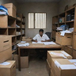 A person busily working in a small, well-organized godown office filled with crates, paperwork, and office equipment.