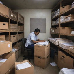 A person busily working in a small, well-organized godown office filled with crates, paperwork, and office equipment.