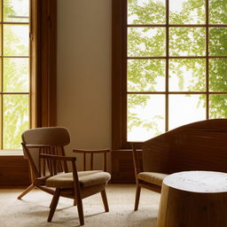 A serene scene featuring a wooden coffee table and matching chair, positioned near a window with warm, natural light streaming in.