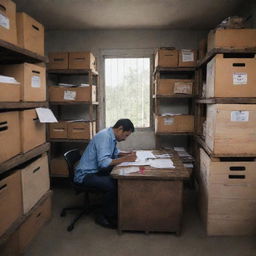 A person busily working in a small, well-organized godown office filled with crates, paperwork, and office equipment.