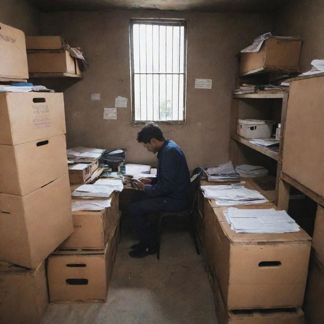 A person busily working in a small, well-organized godown office filled with crates, paperwork, and office equipment.