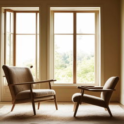 A serene scene featuring a wooden coffee table and matching chair, positioned near a window with warm, natural light streaming in.