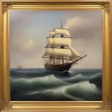 The painting depicted a ship sailing longitudinally across the vast ocean.