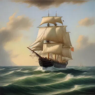 The painting depicted a ship sailing longitudinally across the vast ocean.