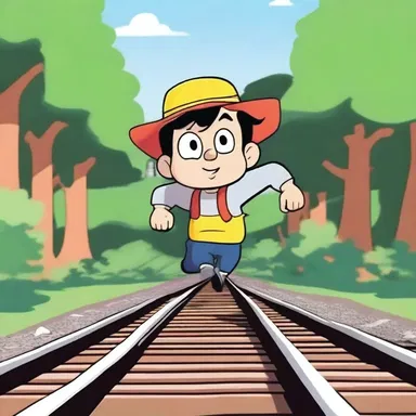 In the cartoon, the character ran longitudinally along the train tracks.