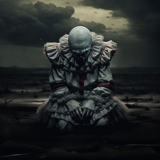 A melancholic digital art piece featuring Pennywise from 'It', alone and sad in a desolate landscape, evoking empathy.