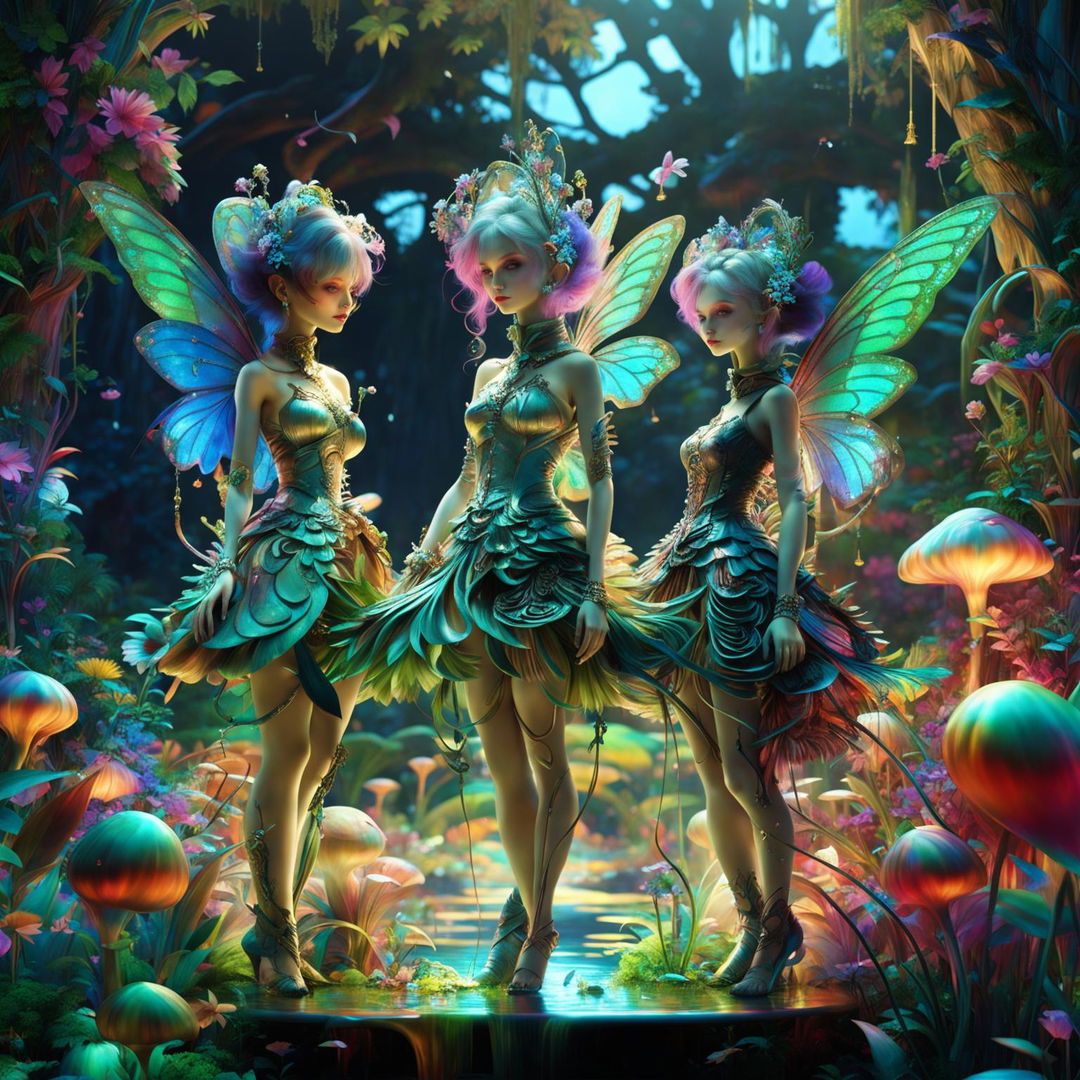 Hyper-realistic 3D Rococo-Cyberpunk fusion featuring three fairy sisters in a vibrant mystical forest with light filtering through trees and a flower aesthetic.