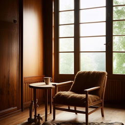 Embellish the scene with a cozy wooden coffee table and chair drenched in enchanting, natural light from a nearby window, invoking an aura of tranquility and elegance.